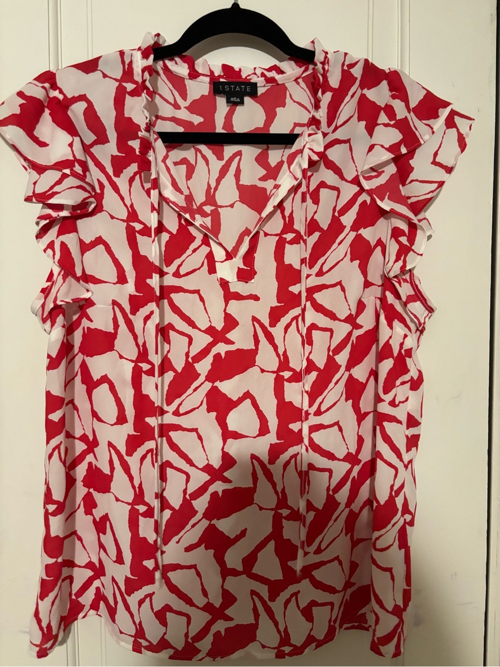 1. State Pink & White Ruffle Sleeve Tie-Neck Blouse
